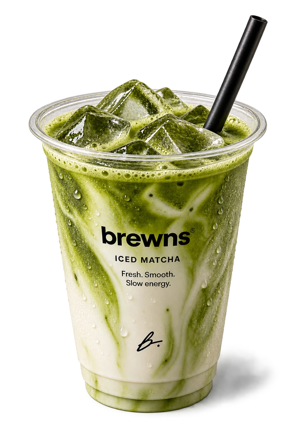 A brewns iced matcha in a clear cup with a straw