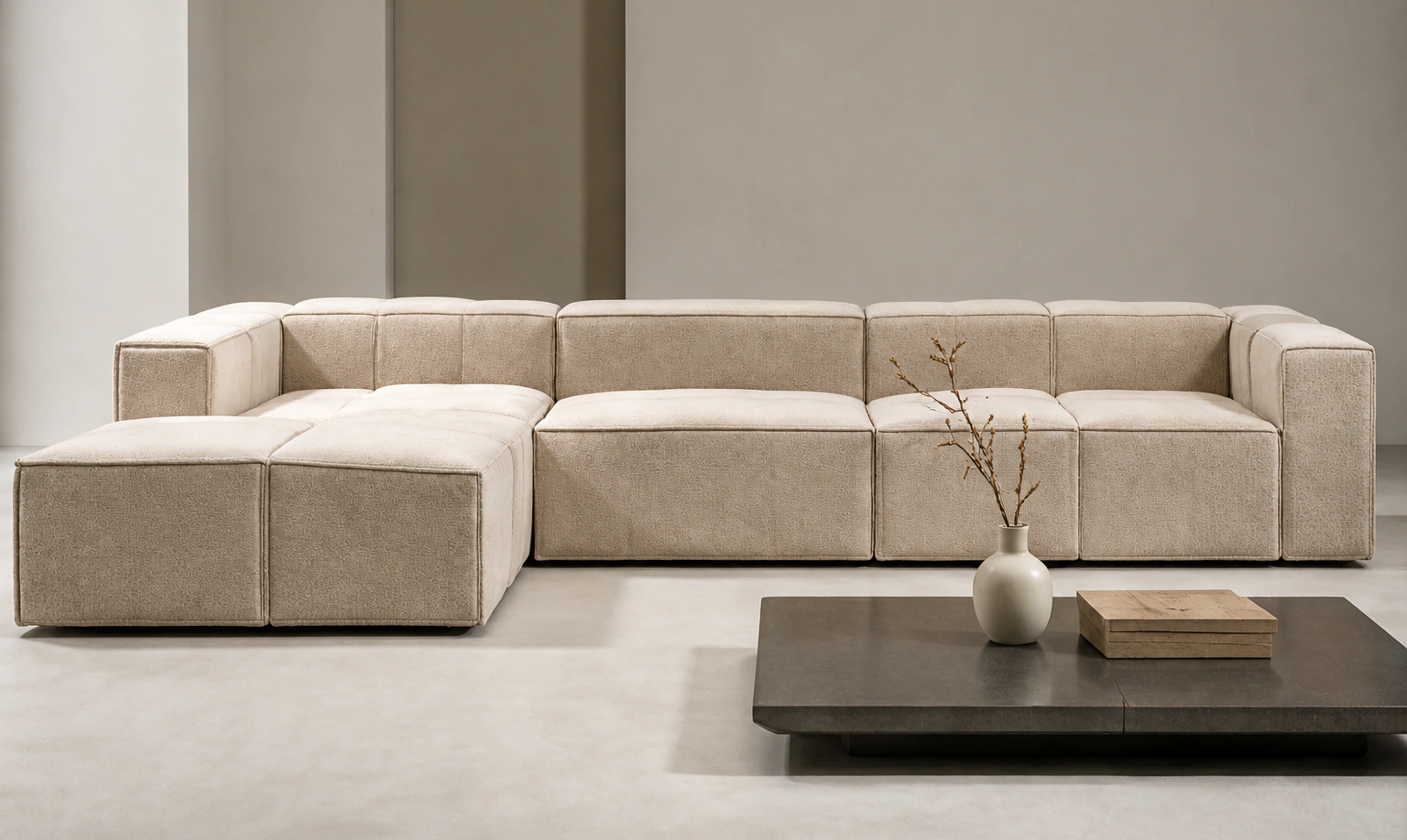 Modular sofa with a low coffee table in a bright living room