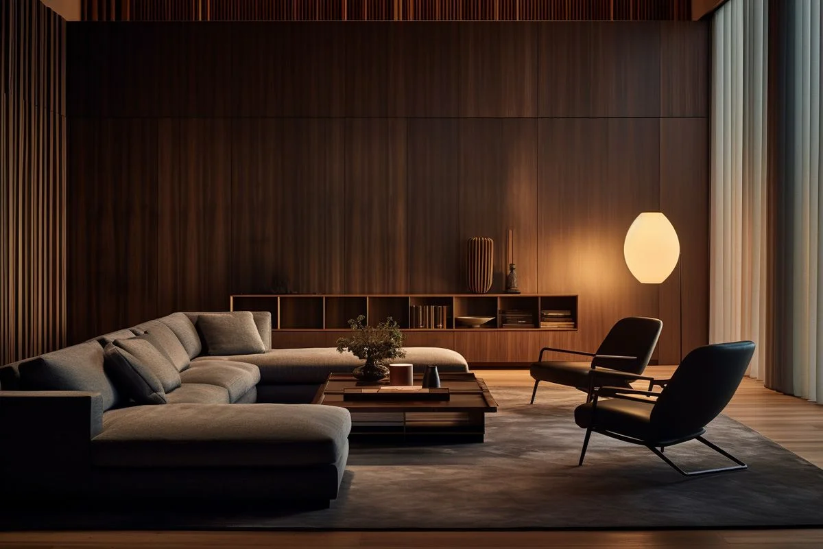 Dusk-lit lounge with walnut-panelled walls, a grey sectional sofa and a glowing paper floor lamp