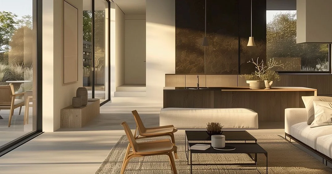 Sunlit open-plan living space behind floor-to-ceiling glazing, with oak lounge chairs and a timber kitchen island