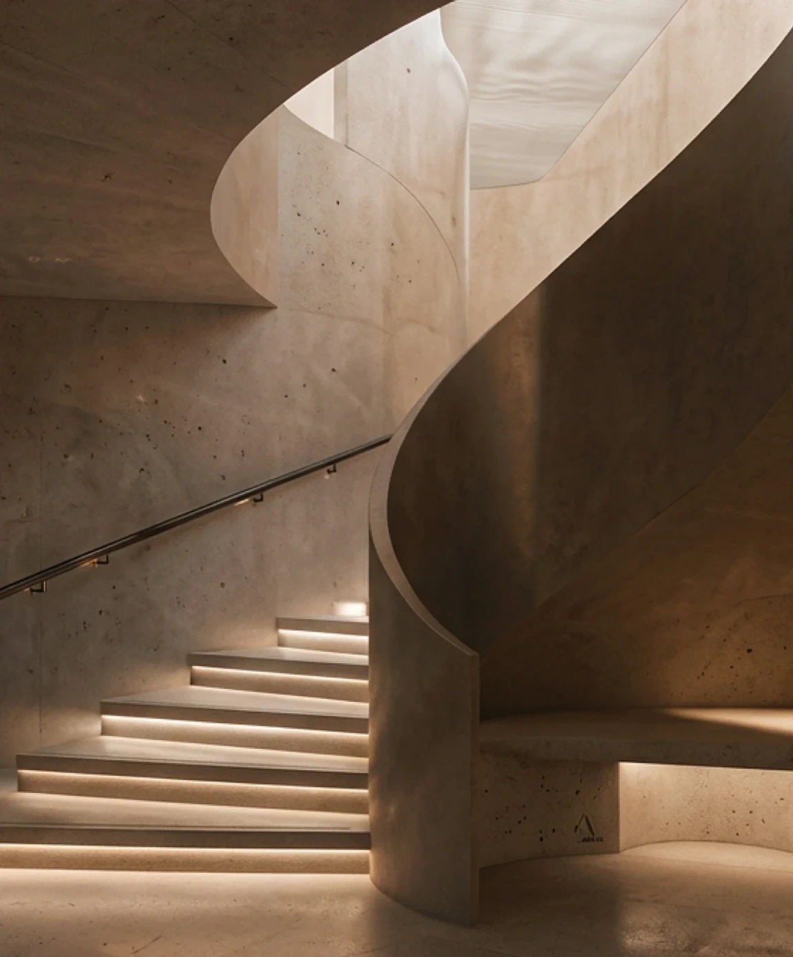 Curved concrete staircase with lit treads